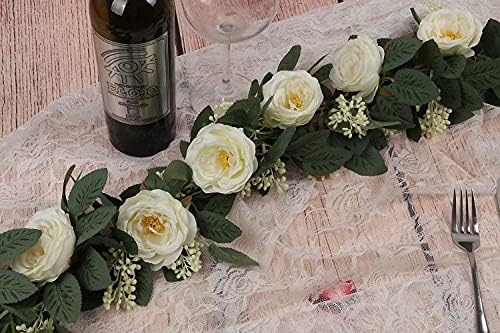 U'Artlines 2PCS(13FT) Fake Rose Vine Garland Artificial Flowers Plants for Hotel Wedding Home Party Garden Craft Art Decor(White)