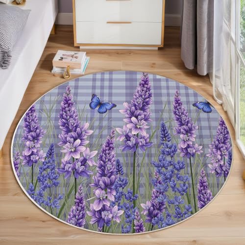 Alfombra Redonda 90cm, Alfombra Lavanda Mariposas Antideslizante, Acuarela Naturalismo Lavable A Máquina Fácil de Limpiar Púrpura Alfombras para Salón Sofá Mesa de Café Estudio Dormitorio