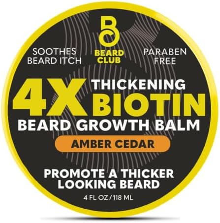The Beard Club Biotin Beard Balm for Men - Beard Growth Shea Butter with Castor & Coconut Oil - Moisturizing, Hydrating and Softening Cream - Amber Cedar Scent - 4 oz