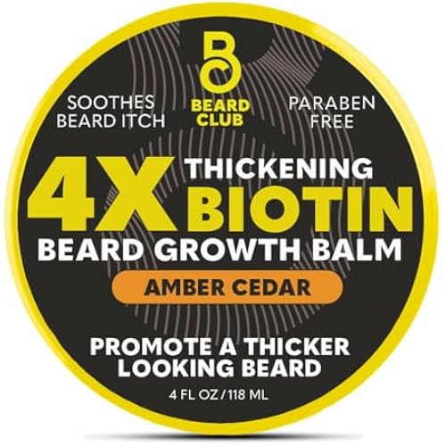 The Beard Club Biotin Beard Balm for Men - Beard Growth Shea Butter with Castor & Coconut Oil - Moisturizing, Hydrating and Softening Cream - Amber Cedar Scent - 4 oz