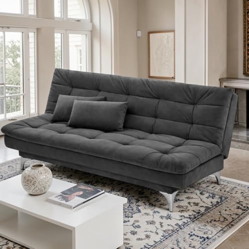 Image of FURNY Eagel 3 Seater Fabric Sofa Cum Bed with 2 Cushions (Dark Grey) Premium Velvet Fabric | Durable with Comfort | Perfect for Living Room, Bedrooms, Offices