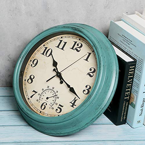 12 Inch Indoor/Outdoor Retro Waterproof Wall Clock With Thermometer,Vintage Battery Operated Silent Non Ticking Quartz Clock Wall Decorative For Kitchen/Bedroom/Living Room/Bathroom/Patio-Olive Green #TOP3