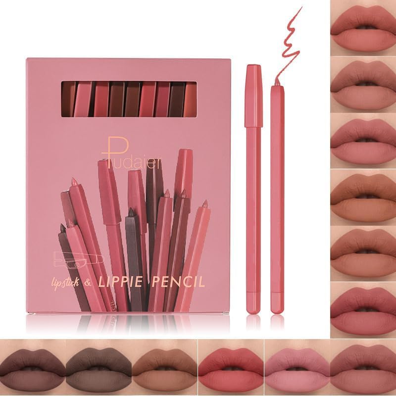 12 Colors Matte Lip Liner Pencil Set, Built In Sharpener Crayon, Waterproof Velvet Lipstick Pen, Silky Creamy Smooth Texture, Precisely Outline Makeup, Natural Nude Long Lasting