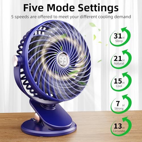 Ventilateur de bureau USB rechargeable 6000mAh avec pince et écran LCD 5 vitesses - 6