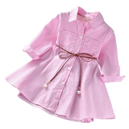 Toddler Girls Lapel Long Sleeve Striped Dress Top Casual Button Down Shirt Dresses with Belt Girl's Spring Clothing
