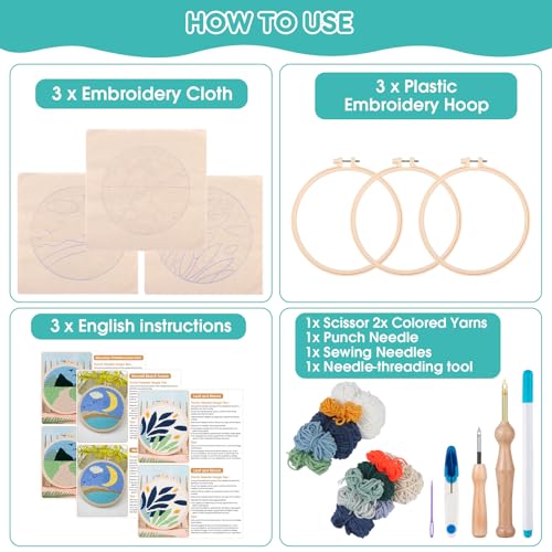 Image of Zuaooz 3 Sets Punch Needle Kits,Whale Fox and Snow Punch Embroidery Kits for Adults Beginner, Tool with Punch Needle Fabric, Hoops, Yarns and Sewing Needles