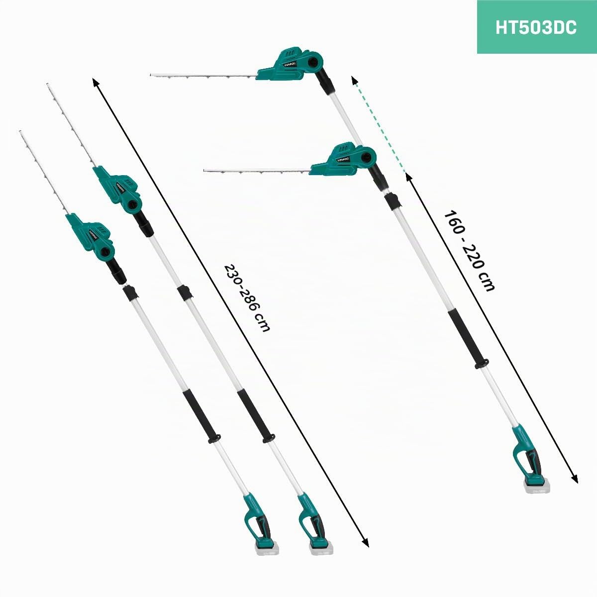 VONROC Cortasetos telescópico 20V (sin batería ni cargador rápido) - Cuchilla inclinable - Pértiga extensible (200-260 cm)