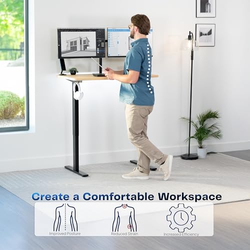Image of VIVO Electric 43 x 24 in Standing Desk, Memory Height Adjustment, 1B Series, Holds 220 lbs, One-Piece Light Wood Top, Black Frame, DESK-KIT-1B4C