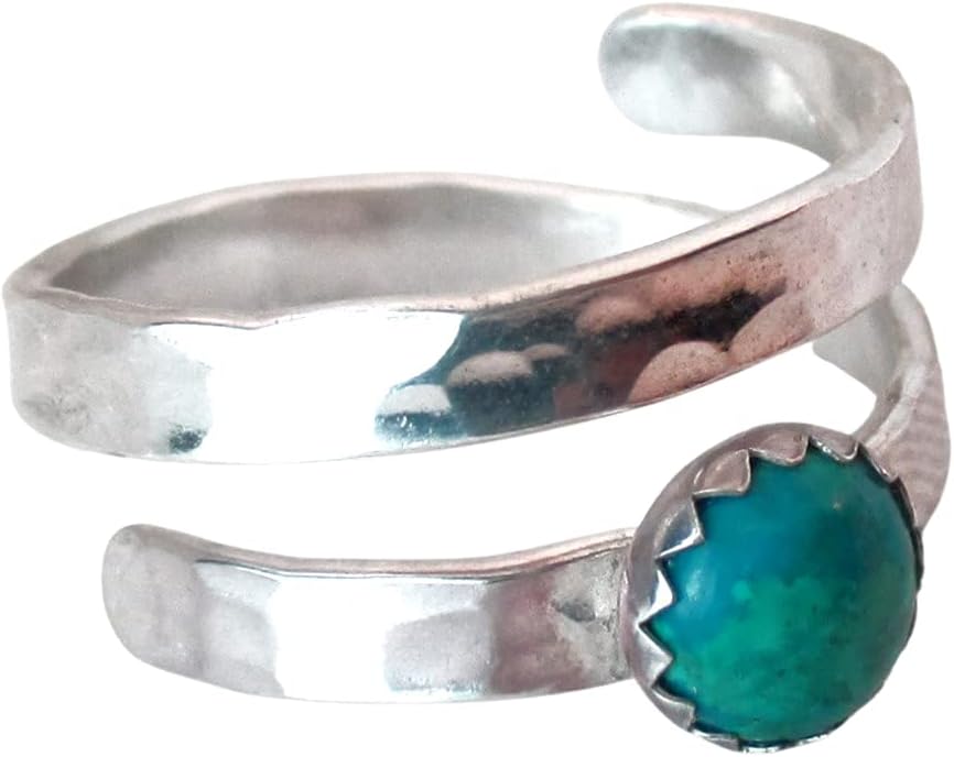 Chrysocolla Ring in Hammered Sterling Silver, Adjustable Band