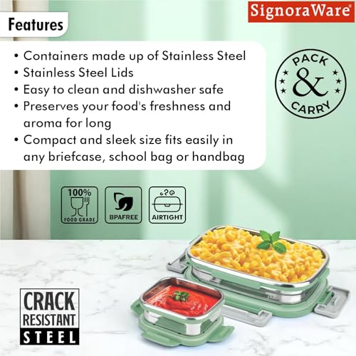 Image of SignoraWare Quickmeal Stainless Steel Small Lunch Box | Airtight & Leakproof | Portion Control | Easy to Carry | Ideal for Office, School, Kids & Travel (650ml + 130ml | Egreen)