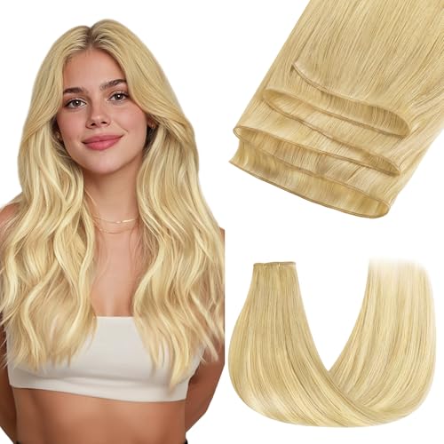 Image of GOO GOO Genius Weft Hair Extensions Human Hair, Sew In Weft Extensions, Seamless Blend & No Bulk Flat, Natural Volume for Women, 18AT60A Pearl Ash Blonde Highlights 16 Inch 50g