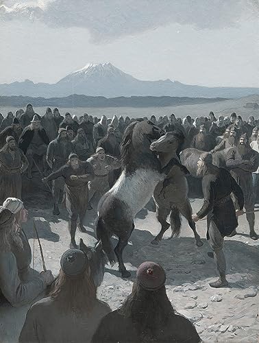 Impression sur toile Le combat de chevaux à Hliðarendi par August Malmström 60x90cm