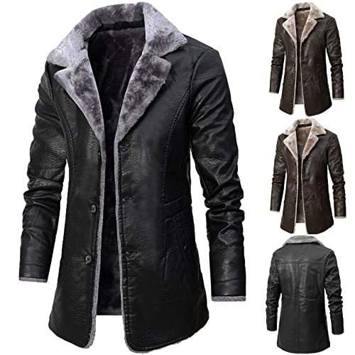 Generisch Lederjacke Herren Leder Jacke Gefüttert Winter Fleecejacke mit knöpfen Outdoor Jacke Warme Jacken Regular Fit Klassische Einfarbig Freizeitjacke Herrenmantel...