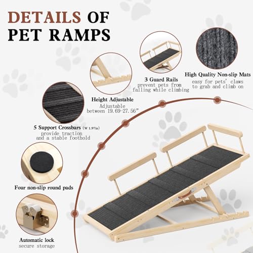 Dog Ramp for High Bed, Couch, Car, Pet Ramps 55.12" Long Adjustable 19.7"-27.6" Wooden Dog Step with High Traction Mat & Safety Side Rails for Small Medium Large Older Pets, up to 250 lbs - Image 4