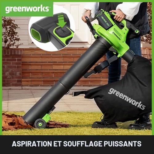 Greenworks 40V Aspirateur Souffleur sans Fil de Feuilles à Batterie avec Moteur sans Balais 370kmh 4.17m³Min Sac pour Mulching de Deux 2Ah Batteries et Chargeur Garantie GD40BVIIK2X - vue 3