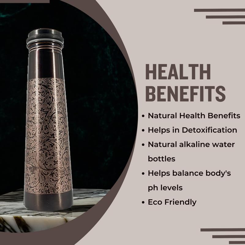 Image of Elegant Copper Finish Bottle & Glass Gift Set - Engraved Chakra & Geometric Design 1L Leak-Proof Bottle with 2 Matching 300 ml Water Glass Tumblers in Premium Black Box
