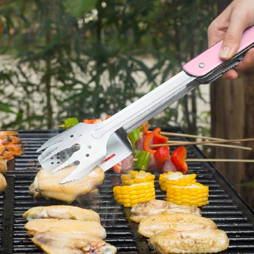 Image of ROXON S601 14 inch 6 in 1 MBT3 Folding Grill Utensils Set Fork Spatula Grilling Knife Tongs Opener for Backyard Barbecue and Camping (Pink)
