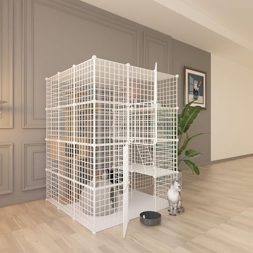 Indoor Cat Cage Enclosure DIY,Cat Playpen Catio Thick Metal Wire Kennels for 1-3 Cats Kitten Cage Detachable Patio Cat Crate (White, 41" L x 41" W x 55" H)