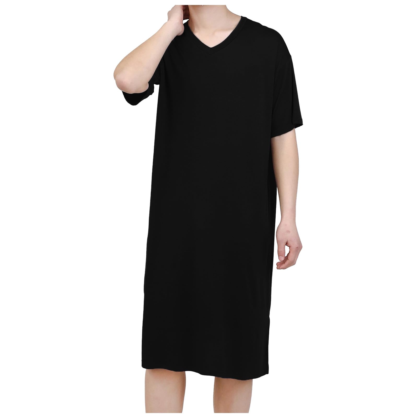 veolaimy Pajamas, Dress, Men's, Short Sleeve, Home Wear, V-Neck, Sweat Absorbent, Quick Drying, Breathable, Room Wear, Knee Length, Loose, Modal, Nightgown, Stretchable, Large Size, Sleepwear, Plain 3XL Black