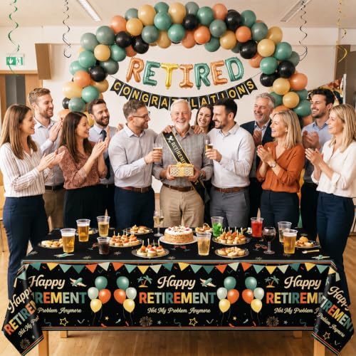 Image of Qyeahkj 3 Pcs Retirement Party Tablecloth Decorations Disposable Plastic Happy Retired Table Covers Black Vintage Tablecloths Retirement Birthday Supplies for Going Away Farewell Party Decoration