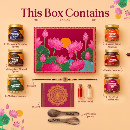Image of Gladful Premium 10 Items Rakhi Gift Box | Pink Lotus Keepsake Hamper with Premium Nuts, Cranberries, Chocolate Spreads & Rakhi | Luxurious Raksha Bandhan Gift