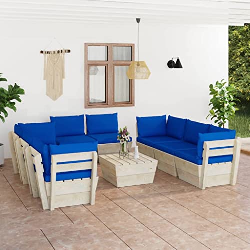 FARBUROI Muebles de jardín de palets 9 Piezas y Cojines Madera de Abeto,Conjunto de Muebles de Palets de Terraza con 9 Piezas y Cojines Azules para Descansar y Disfrutar Muebles de jardín