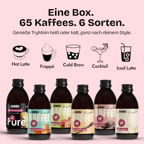 TryMOIN 6er Probier- und Geschenkset – Kaffeekonzentrate für Iced Coffee, Cappuccino, Frappé & Latte | mit Bio-Fairtrade Kaffee, 65 Portionen pro Set