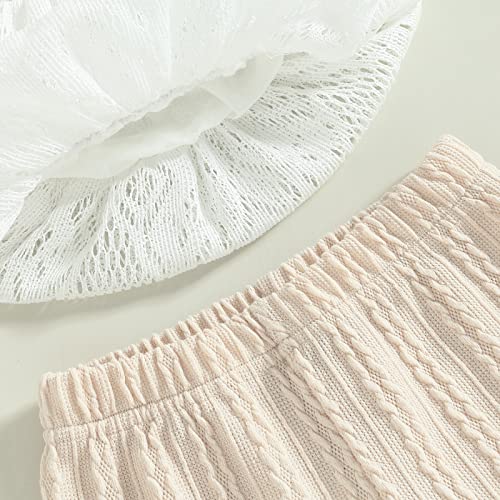 2Pcs Infant Baby Girls Summer Outfits Solid Color Off-Shoulder Lace Crop Tops + Elastic Waist Flare Pants Set (White Beige, 12-18 Months) #TOP3