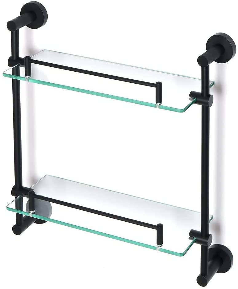 ELUKHT Floating Shelves Shower Caddy Bathroom Shelf Shower Caddy Double-Layer Shower Glass Shelves Wall Mount Storage Rack Black