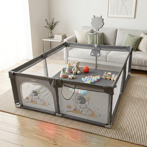 Image of Baybee 180 x 150 CM Kids Playpen for Babies with Basket Ball Hoop | Baby Play Area Indoor Setup with Colourful Balls, Zipper Door & Toys Pouch | Kids Activity Play Gate Fence with Corner Protection | Outdoor play pen for baby for 0 - 5 years Boys Girls (Grey)