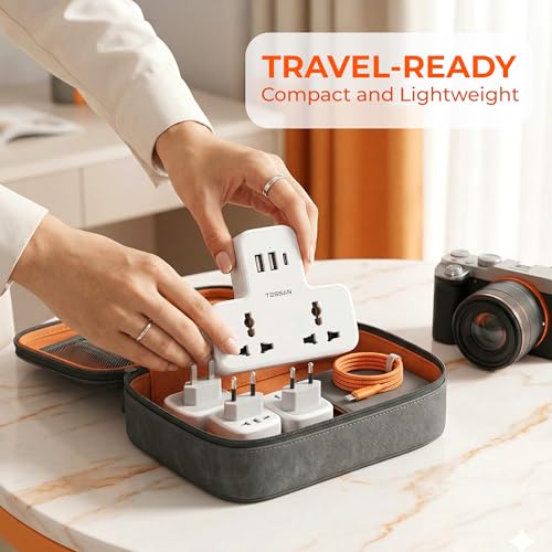 Image of TESSAN Universal Travel Adapter, 15W USB-C GaN Fast Charging, 2 AC Outlets, 2 USB-A Ports, Universal Socket, 3-Pin Plug, Surge Protection, Compatible with 6A Appliances, Space-Saving Design