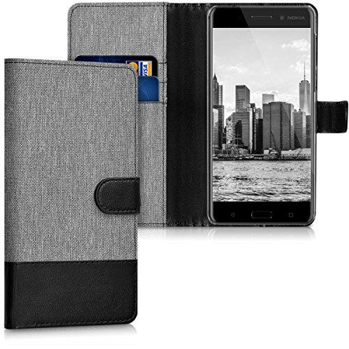kwmobile Wallet Case for Nokia 6 (2017) - Fabric and PU Leather Flip Cover with Card Slots and Stand - Grey/Black