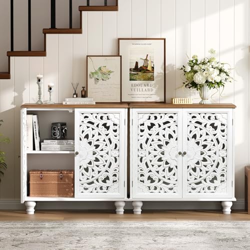 Image of JOINICE 31 inch Accent Storage Cabinet with Carved Doors,Mandala White | Carved Floral Design, Solid Wood Legs, Boho /Farmhouse, Versatile Storage for Living Room & Bedroom & Hallway, Easy Assembly