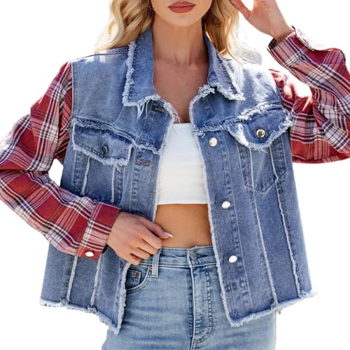 Generisch Chaqueta vaquera para mujer, patchwork, chaqueta vaquera con patrón de cuadros, abrigo vaquero retro, con botones, camisa vaquera, manga larga, chaqueta de entretiempo con deshilachado