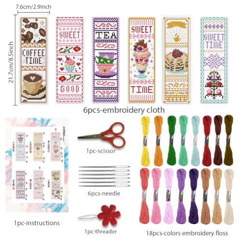 Image of BEUNITONE 6 Pcs Cross Stitch Bookmark Kit for Beginner Coffee and Sweet Time Theme Hand Embroidery Kit with Instruction Tea Stamped Embroidery Bookmarks Handmade for DIY Crafts Book Lovers 8.5''x3''