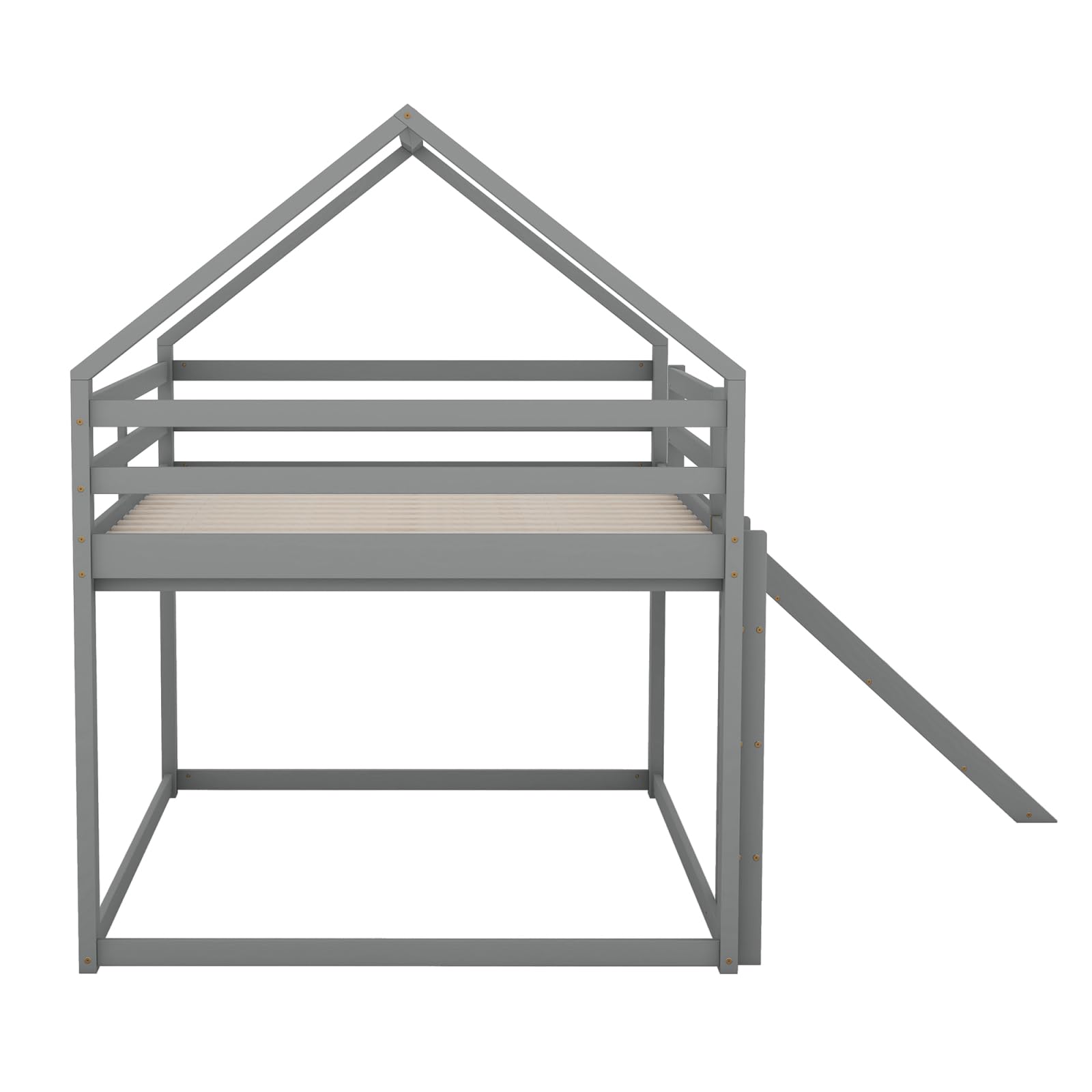 Hochbett für Kinder, 140 x 200 cm, Etagenbett mit Rutsche und Leiter, hausförmige Betten mit Rausfallschutz, Holz, Grau
