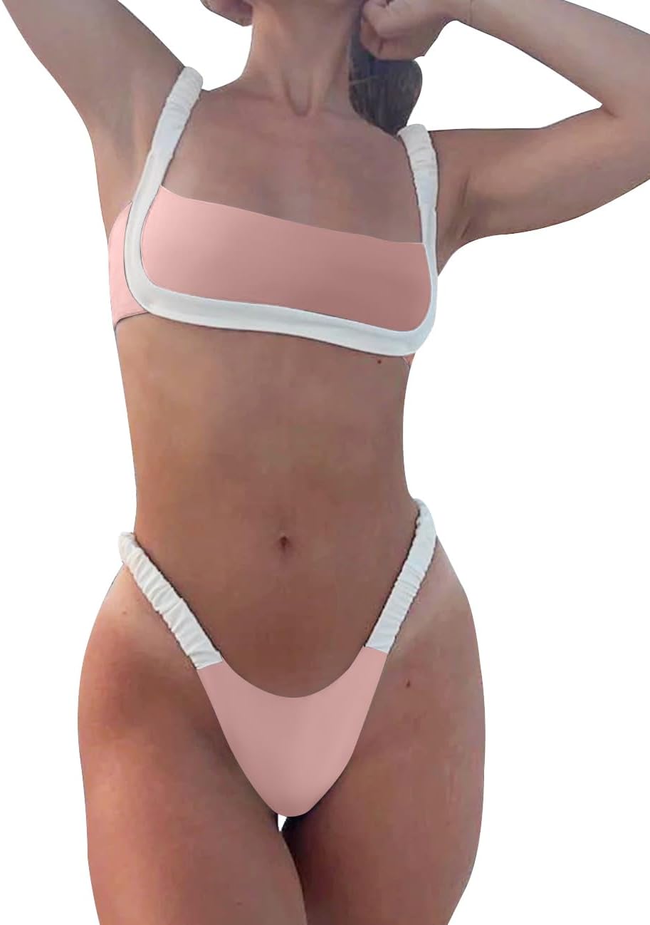 HYTENSUN Women's Bandeau Cheeky Bikini Colorblock Square Neck High Cut Swimsuits Two Pieces Bathing Suits