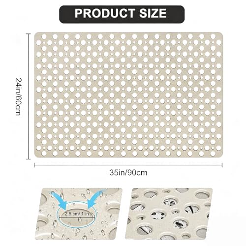 Shower Mat Non Slip, TPE Large Shower Mat 24″x36″, Bathtub Mat with Suction Cups & Drain Holes, Anti Mold Shower Mats for Inside Shower, Quick Drying & Machine Washable (Khaki-2, 90x60 cm) by ZOKBOM - Image 2