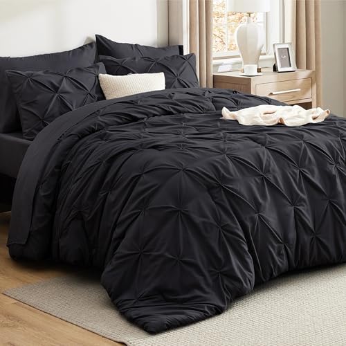 Image of Bedsure Oversized Queen Comforter Set Black - Bed in a Bag Bedding Set 7 Pieces, GentleSoft Pintuck Bed Set Gift for Family, All Season Down Alternative Comforter with Sheets, Pillowcases & Shams