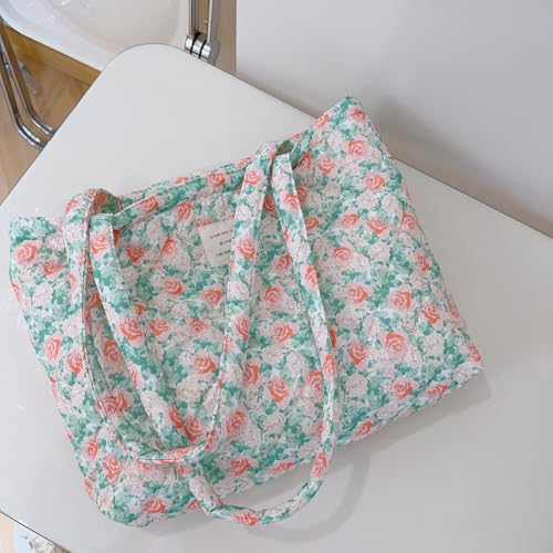 Image of Floral Quilted Cotton Shoulder Bag for Women Daily Use Medium Size Handbag Large Capacity Thickened Design Tote
