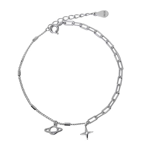 Planet and Star Bracelet for Women Sterling Silver Space Celestial Jewelry Gift Delicate Chain Bracelet