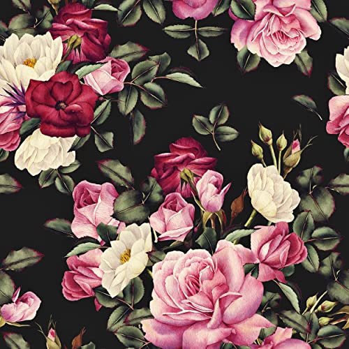 Wallercity Vintage Floral Peel And Stick Wallpaper Red Rose Wallpaper Roses Floral Wallpaper Waterproof Removable Flowers Black Floral Contact Paper For Bathroom Shelf Liner Vinyl Film 17.5" X78.7" #TOP7