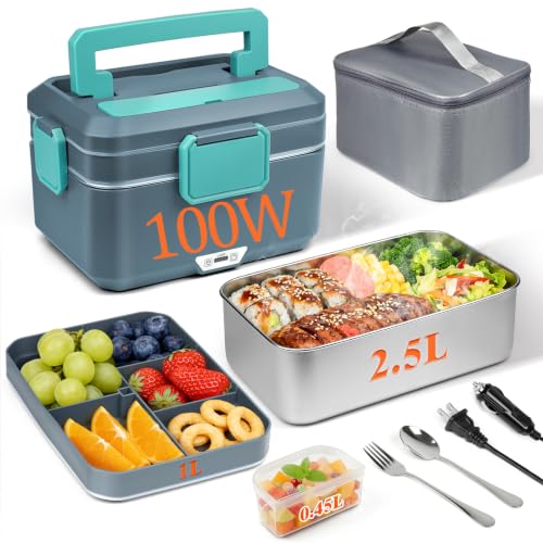 Electric Lunch Box for Adults Truck Drivers,100W 3.5L 2-Layer 2.5L+1L Dual Food Warmer,Detachable 304 Stainless Steel Liner,12V/24V/110V Lonchera Eléctrica with Cutlery & Insulated Bag (Grey)