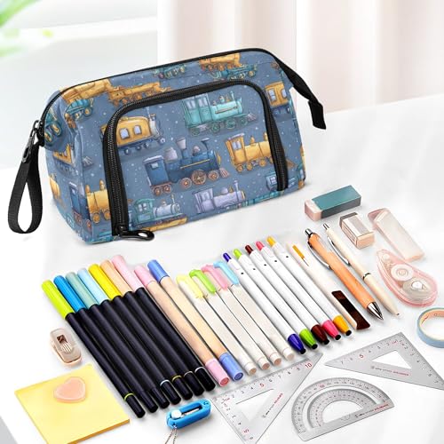 Image of Fisyme Steam Trains Blue Pencil Case Large Capacity Pen Bags Box Big Makeup Pouch Organizer
