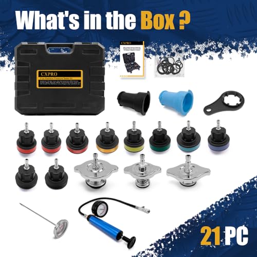 Image of 21pc Coolant Pressure Tester Kit, 15 Radiator Adapters & Wrench, with Vacuum Pump & Probe Thermometer for Automotive Cooling System Pressure Tester Kit