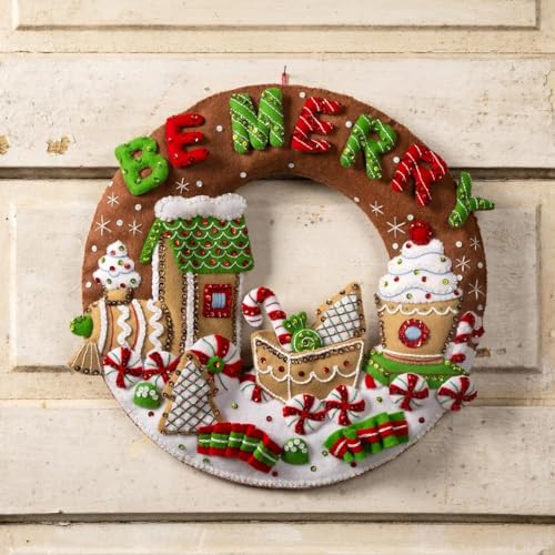 Image of Bucilla Felt Applique Wreath Making Kit, Gingerbread Express, Perfect for DIY Arts and Crafts, 89677E