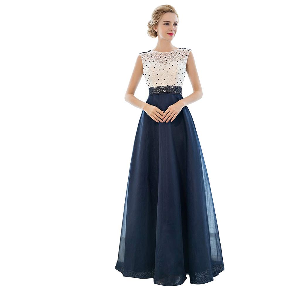 Buy TS Women's A-Line Illusion Neck Floor Length Tulle Over Lace Beautiful  Back Prom Formal Evening Dress with Beading Dark Navy at Amazon.in