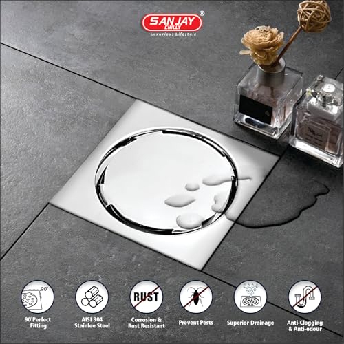 Image of SS Floor Drain for Bathroom 304 Grade Kitchen Sink washbasin Luxurious Bathroom Gratings Balcony Hair Catcher Anti Dust (Square German Drain - Silver - 5x5 Inch)