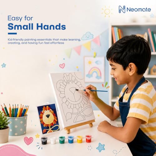Image of Neomate Canvas Painting Kit for Kids | DIY Painting Set with 3 Printed Canvas, 6 Acrylic Paint Pots & Brush | Art and Craft Kit, Paint Kit for Kids, Birthday Gift, Return Gift, Creative Activity Set