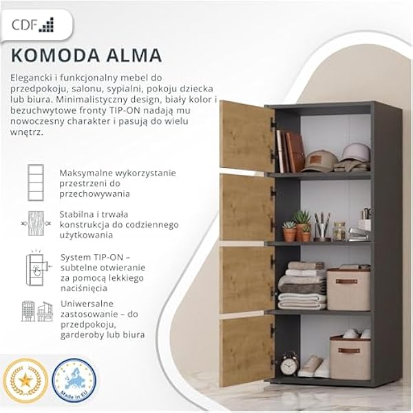 CDF Комод Высокий шкаф 4 двери 50 см Полки Гостиная Спальня Прихожая Офис Коридор Гардеробная Прихожая Кабинет Буфет Шкаф Шкафчик Хранение Многофункциональный Без ручек Антрацит Дуб Artisan